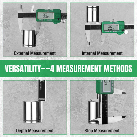 6 Inch Digital Caliper With Large LCD Screen And Auto Off Vernier Caliper Measuring Tool Inch Millimeter Fraction Conversion Pro Grade Precision Handy Workbench Essential Plus Minus 0.001 In Accuracy demonstrating 4 measurement methods