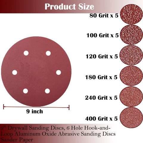Nine Inch Drywall Sanding Discs Set, 30 Pack With Hook And Loop Backing, Grits 80 100 120 180 240 400, 6 Hole Aluminum Oxide Paper