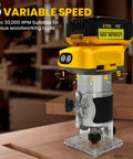 Cordless Wood Router Trimmer For 20V Battery With 6 Speed Settings, 800W Brushless Motor Delivers 30000 RPM on a wooden surface