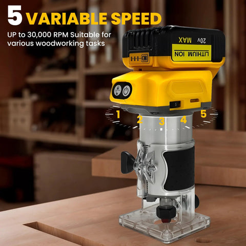 Cordless Wood Router Trimmer For 20V Battery With 6 Speed Settings, 800W Brushless Motor Delivers 30000 RPM on a wooden surface