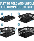 Step-by-step folding guide for Foldable 45L Collapsible Utility Crate Heavy Duty Plastic Storage Box With 66 lb Capacity In Obsidian.