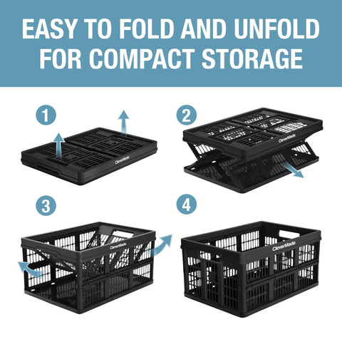 Step-by-step folding guide for Foldable 45L Collapsible Utility Crate Heavy Duty Plastic Storage Box With 66 lb Capacity In Obsidian.