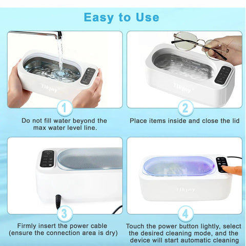 Steps for using 55KHz 400ml Ultrasonic Cleaner With Four Cleaning Modes And LED Light for cleaning glasses and valuables.