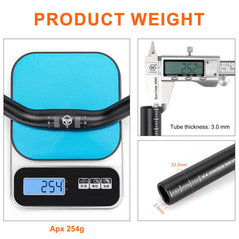 Weight measurement of 620mm Aluminum Mountain Bike Handlebar 25.4 Clamp Riser, showing 254g on scale with details of diameter and thickness.
