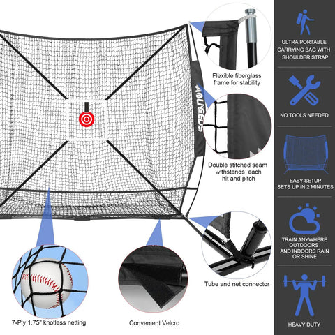 6x6 Foot Baseball Softball Practice Net for hitting pitching and catching with baseball tee includes bonus strike zone target