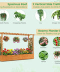 Raised Garden Bed With Trellis And Hanging Roof Wood Planter Box With Drainage Holes; filled with flowers, vegetables, and herbs