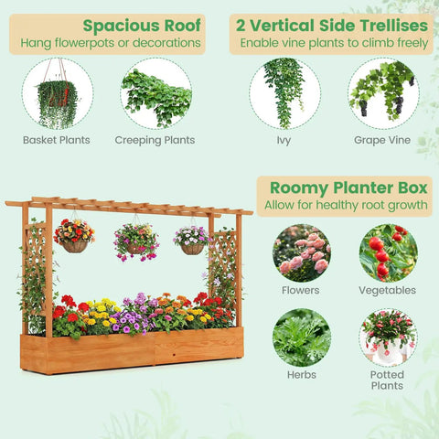 Raised Garden Bed With Trellis And Hanging Roof Wood Planter Box With Drainage Holes; filled with flowers, vegetables, and herbs