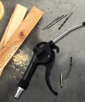 Heavy Duty 6 Piece Air Blow Gun Kit With Pistol Grip Handles Multi Size Assortment positioned on work surface with wood and tools.