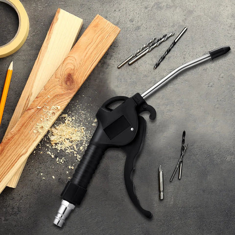 Heavy Duty 6 Piece Air Blow Gun Kit With Pistol Grip Handles Multi Size Assortment positioned on work surface with wood and tools.