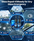 Hassle Free Windshield Chip And Crack Repair Kit Featuring Thick Uv Cure Resin for various glass damage types, resin bottles displayed.