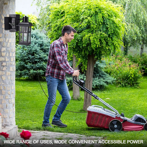 Man mowing lawn with lawnmower connected to Outdoor Porch Light With Built In GFCI Outlets Dusk To Dawn Motion Sensor And Three Mode Settings