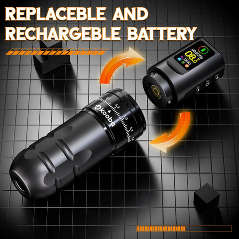 Wireless Rotary Tattoo Gun Kit With Cordless Pen, 1800mAh Battery And OLED Screen showing battery attachment