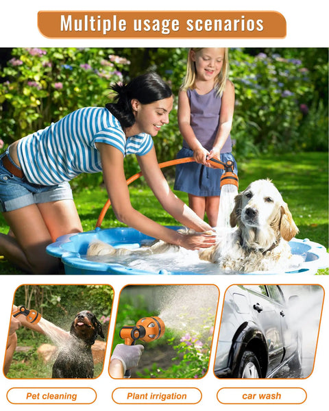 Heavy Duty Garden Hose Nozzle With 10 Pattern Watering Sprays, Thumb Control in use for pet bath, plant irrigation, car wash