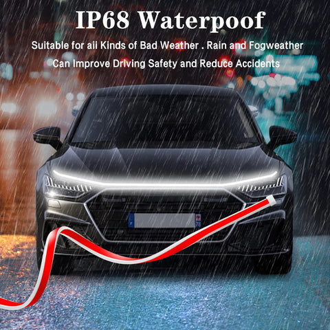 Front view of a car with 70 Inch White LED DRL Car Hood Light Strip With Dynamic Scan Start Up illuminated in heavy rain.