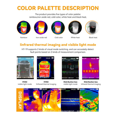 Color palettes for infrared thermal imaging and visible light mode in HVAC and distribution box applications.