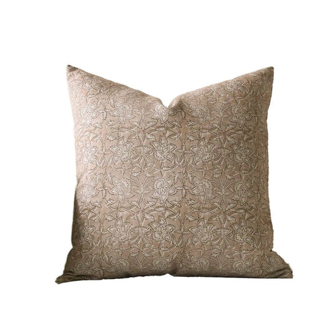Floral Throw Pillow Cover 18x18 Inch One Sided Front Floral Print Back Plain Cotton for Couch Sofa Bed Living Room Neutral Camel Decor Vintage Block Print Accent Pillow Cover for Modern Home, front view