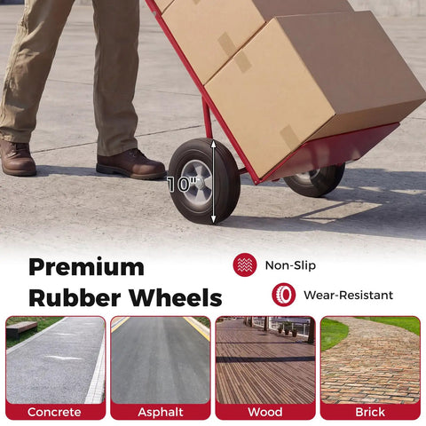 Heavy Duty Metal Hand Truck With 600 Pound Capacity And Ergonomic P Handle, shuffling boxes on stable 10" rubber wheels.