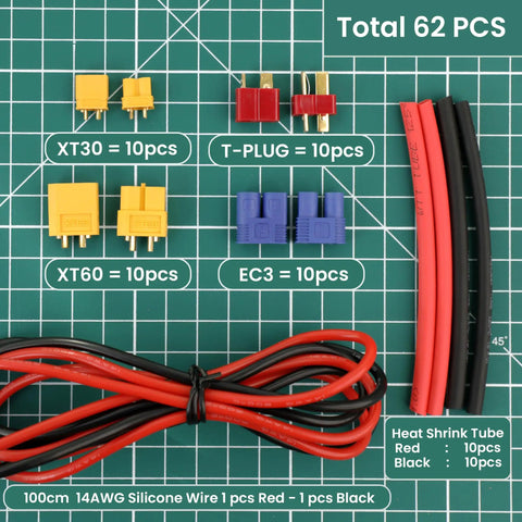 RC Battery Connector Adapters Pack With T Plug EC3 XT30 XT60 Male And Female Adapters 14 AWG Silicone Wire And Heat Shrink Tubing 62 Pack