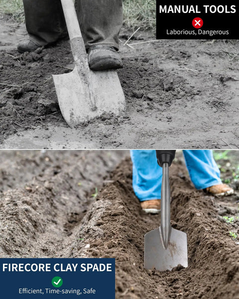 Comparison of manual shovel and Firecore Clay Spade Drill Bit for SDS Max Rotary Hammers in gardening use.