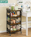 Sleek Four Tier Rolling Storage Cart Built With Sturdy Metal And Smooth Wood Shelves Perfect For A Small Kitchen Island Coffee Bar Setup Slick Daily Makeup Organizer Or Straight Up Game Changing Home Essential with craft supplies like yarn and scissors.