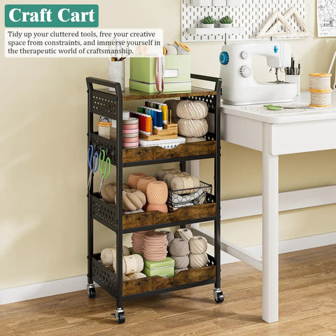 Sleek Four Tier Rolling Storage Cart Built With Sturdy Metal And Smooth Wood Shelves Perfect For A Small Kitchen Island Coffee Bar Setup Slick Daily Makeup Organizer Or Straight Up Game Changing Home Essential with craft supplies like yarn and scissors.