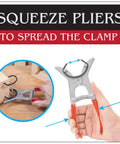 Hand holding pliers from Spring Miter Clamp Set With 24 Assorted Size Clamps And 1 Easy Load Spring Tensioned Pliers For Woodworking.