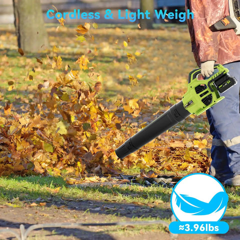 Cordless Leaf Blower With Two 4.0Ah Batteries And Charger 780 CFM 260 MPH Electric Blower clearing autumn leaves in park