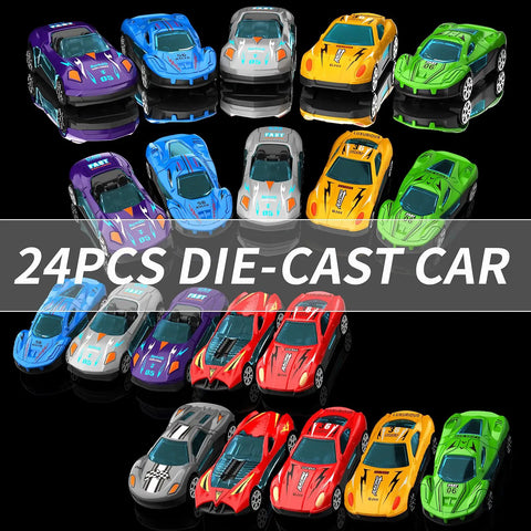 24 Die Cast Cars Included Transport Truck Toy For Kids Ages 3 To 7 variety of colorful toy cars display