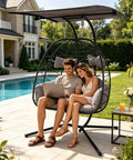 Double Egg Chair With Stand And Adjustable Canopy For Two People Indoor Outdoor Wicker Hanging Swing Chairs With Removable Cushions