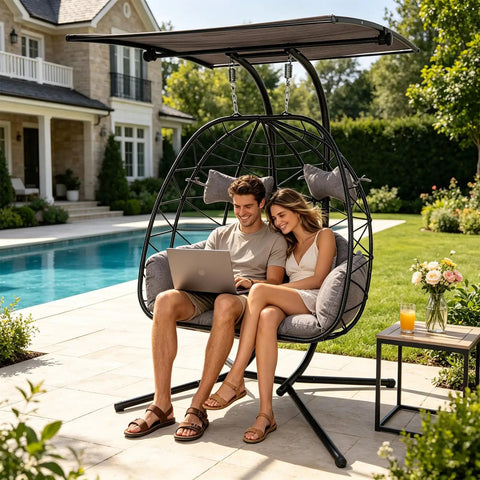 Double Egg Chair With Stand And Adjustable Canopy For Two People Indoor Outdoor Wicker Hanging Swing Chairs With Removable Cushions