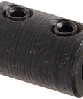 Side view of black oxide steel rigid coupling with two set screws; 1/4" bore, 1/2" OD, 3/4" long.