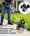 Cordless Weed Wacker With Brushless Motor Delivering Up To 21,000 RPM, shown in trimming mode on grassy lawn.
