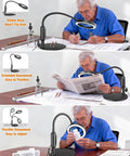 Pro Grade LED Magnifier With Light And Flexible Gooseneck 30x 10x Dual Zoom Five Color Modes Stepless Dimmable Brightness Optical HD Lens Hands Free Loupe For Close Work Craft Hobby Painting Jewelry Making in use by older man reading and examining medications