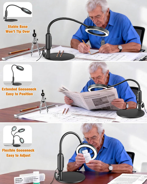 Pro Grade LED Magnifier With Light And Flexible Gooseneck 30x 10x Dual Zoom Five Color Modes Stepless Dimmable Brightness Optical HD Lens Hands Free Loupe For Close Work Craft Hobby Painting Jewelry Making in use by older man reading and examining medications