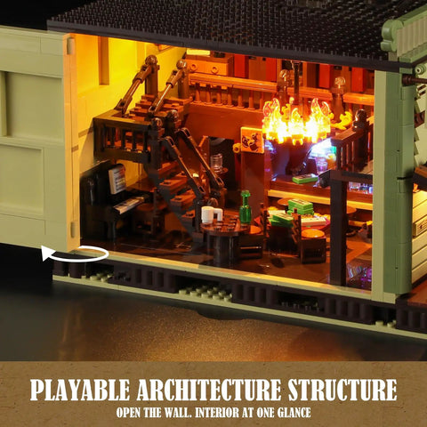 Old West Saloon LED Light Building Block Set With 2026 Pieces For Adults And Teens Western Themed Construction Model Kit To Build The Classic Bar Scene And Light It Up, interior view with lit staircase and bar