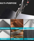 Three-Piece 10-Inch Aviation Tin Snips Set cutting sheet metal, showing versatility for aluminum, copper, and steel materials.
