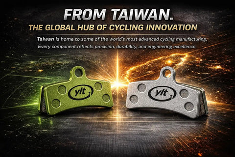 Pro Grade Bike Disc Brake Pads For Shimano 4 Piston D02S D03S displayed with green and silver finish, Taiwan innovation