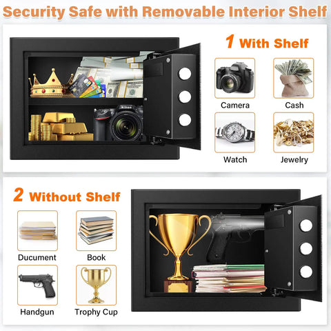 1.2 Cubic Personal Home Safe Box Fireproof And Waterproof With Removable Shelf displaying valuables and documents inside.