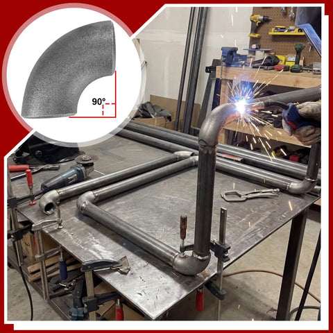 Welder attaching 15 Pcs 1-1/4 Inch Seamless Steel Pipe Fittings Handrail Elbows 90 Degree Weldable Butt Weld Schedule 40