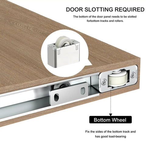 Slick Concealed Barn Door Hardware Kit With Soft Close Mechanism showing bottom wheel and aluminum track detail.
