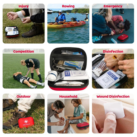 Open red and black mini first aid kit with 138 pieces and organized bandages and supplies.