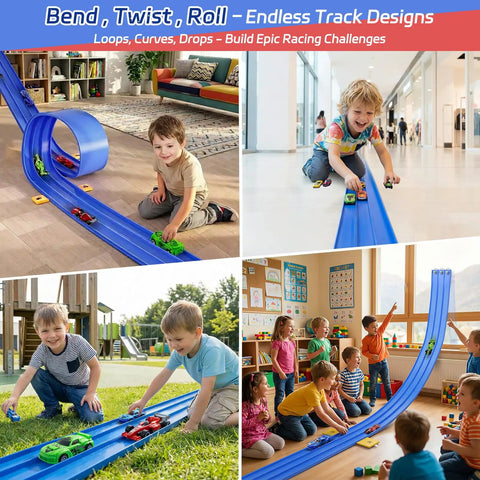 Children playing with Three Lane Flexible Race Track Toy Set With Roll Up Design 16.4 Feet DIY Car Track in various settings.