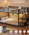 Rock Solid Low Twin Over Twin Bunk Bed With Game Changing Built In Storage Stairs Featuring Heavy Duty Steel Frame And Full Wrap Around Safety Rails In Sleek Matte Black Kids Room Setup with RGB lighting.