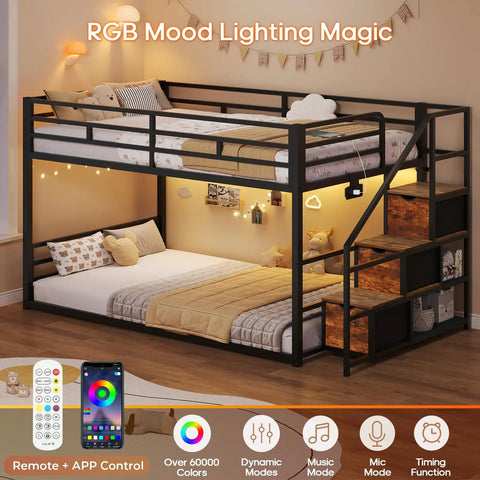 Rock Solid Low Twin Over Twin Bunk Bed With Game Changing Built In Storage Stairs Featuring Heavy Duty Steel Frame And Full Wrap Around Safety Rails In Sleek Matte Black Kids Room Setup with RGB lighting.