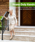Hella Secure 2 Pack Outdoor Stair Handrails For 2 To 3 Steps Rock Solid Galvanized Metal Porch Railing used by elderly woman on concrete steps.