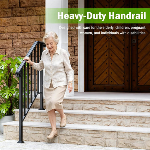 Hella Secure 2 Pack Outdoor Stair Handrails For 2 To 3 Steps Rock Solid Galvanized Metal Porch Railing used by elderly woman on concrete steps.