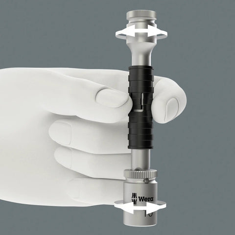 Hand holding Zyklop 8794 LB Long Extension for Three Eighths Inch Square Drive with Free Turning Sleeve and Ball Lock, 200mm reach