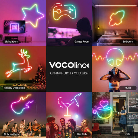 Neon Rope Lights 10ft RGBIC LED Strip With Music Sync in various rooms and designs, HomeKit/Alexa ready, vibrant wall decor and effects.