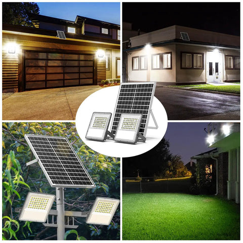 Solar Outdoor Flood Lights Waterproof Security Lighting 1500LM Dual Bright White LED Flood Lights on building exteriors at night