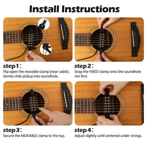 Installation steps for Clip On Acoustic Guitar Pickup For Steel String Guitars 38 To 42 Inches Not For Classical Transducer